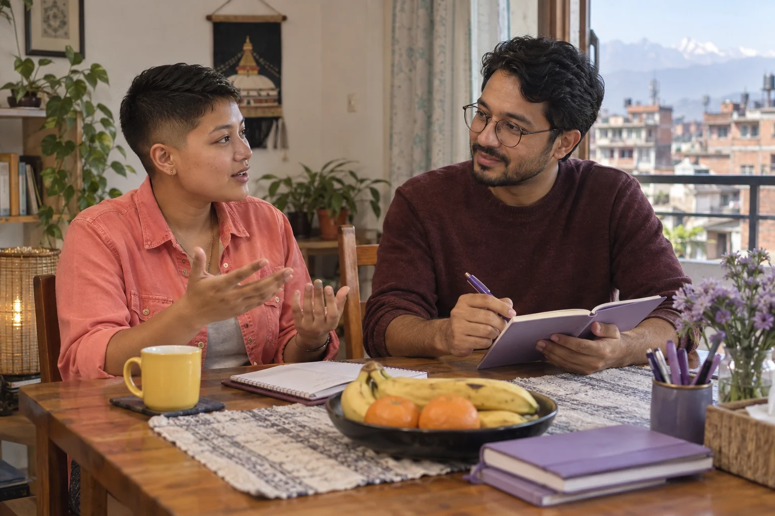 IELTS Life Skills B1 weather and leisure topics — two learners practising dialogue with a feedback notebook