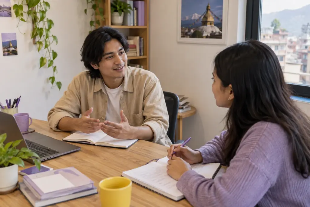 IELTS Life Skills B1 booking in Nepal — tutor and learner practising an everyday conversation