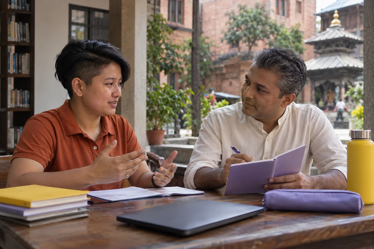 IELTS Life Skills B1 booking in Nepal — two learners practising dialogue with a feedback notebook