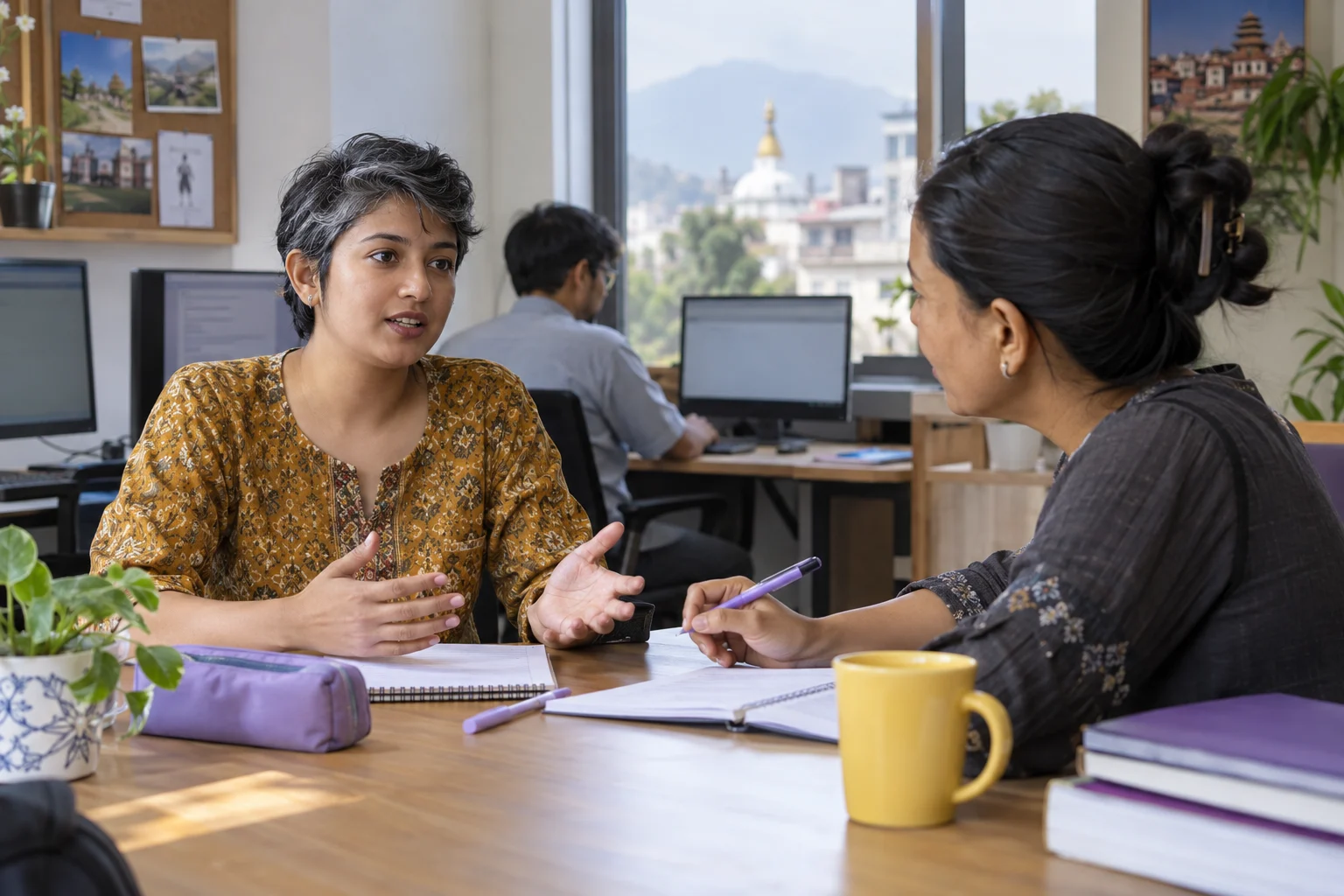 IELTS Life Skills B1 results and application evidence — two learners practising dialogue with a feedback notebook