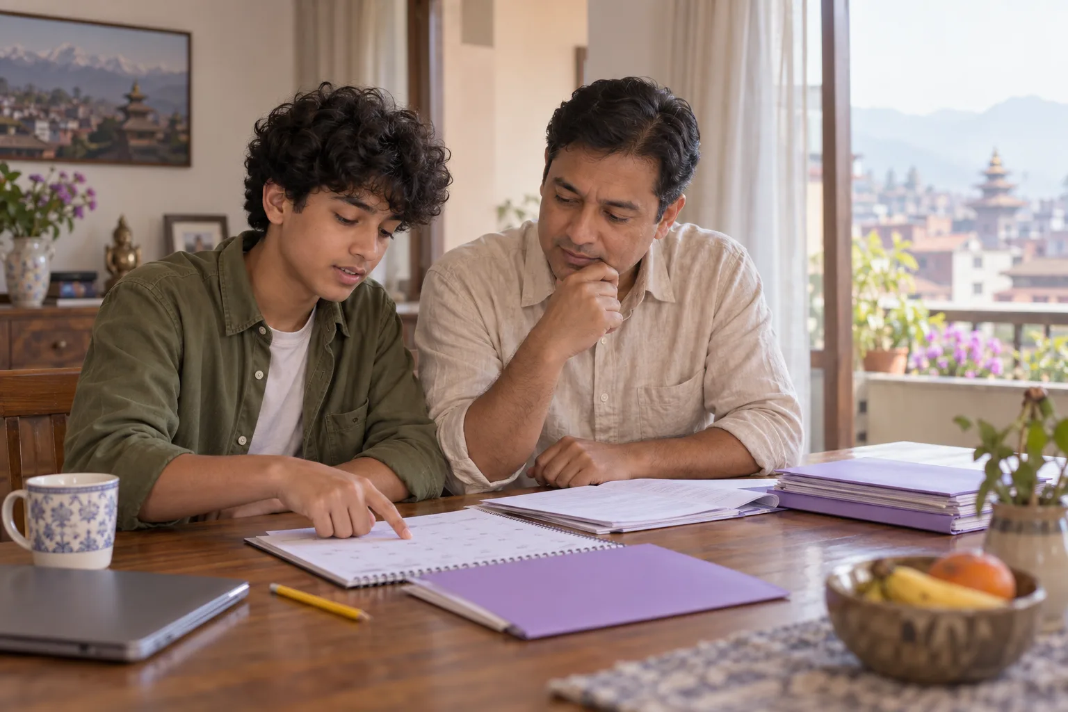 Nepali SAT student and his father checking a university application calendar at home
