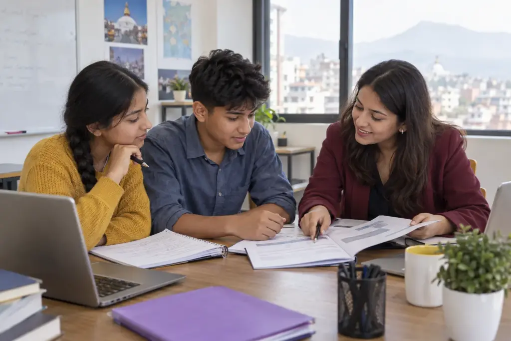 Nepali teenage girl and boy comparing SAT class materials with a teacher in Kathmandu