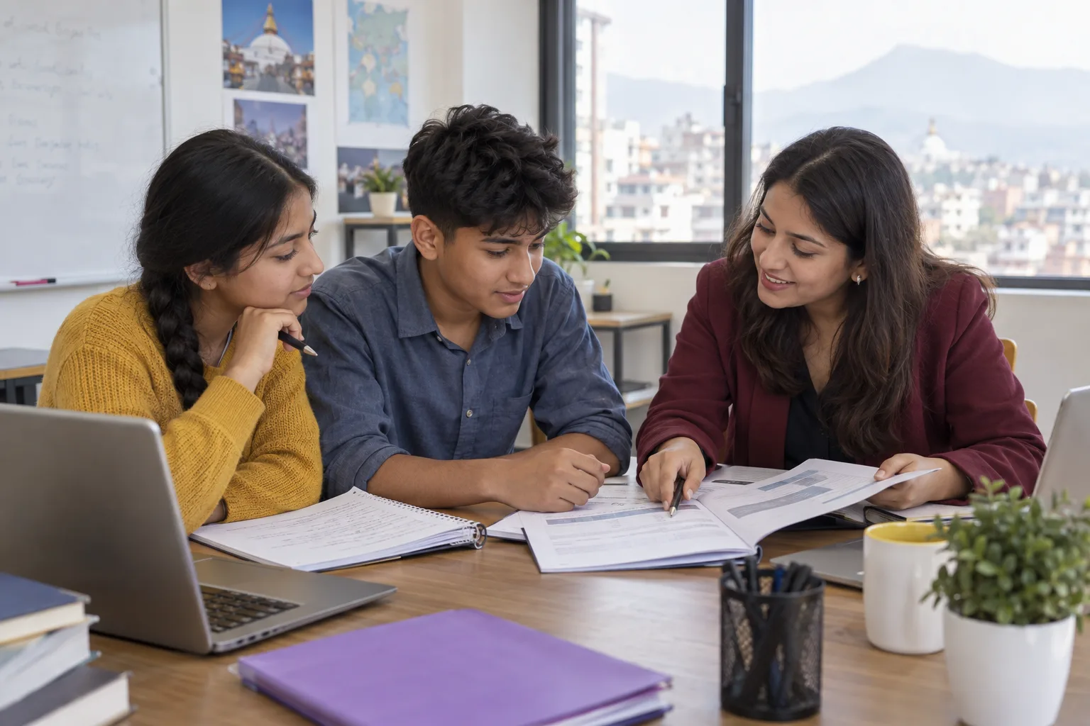 Nepali teenage girl and boy comparing SAT class materials with a teacher in Kathmandu
