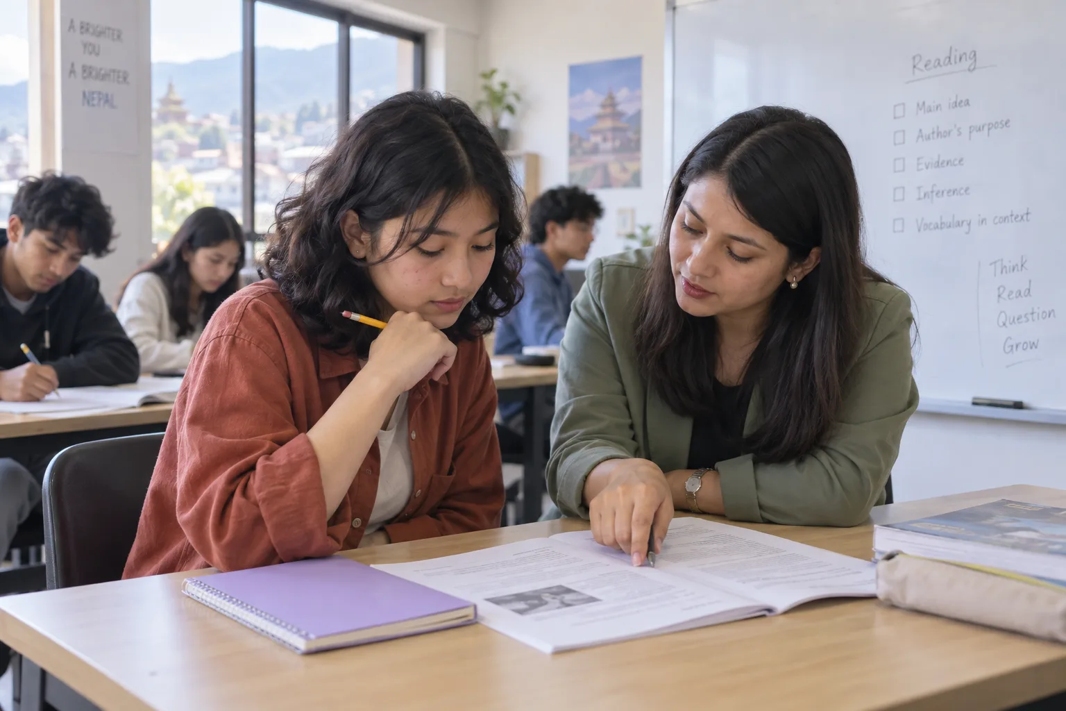 Nepali teenage SAT student receiving reading practice feedback from a teacher in a trial class