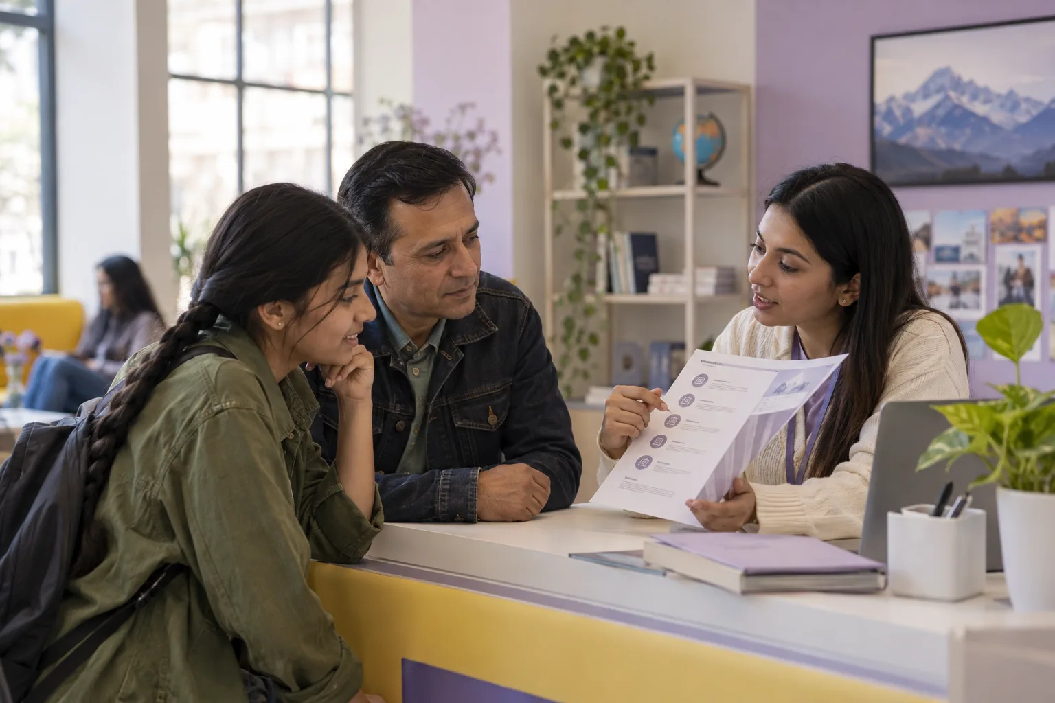 Nepali teenage SAT student and her father reviewing course inclusions with an adviser