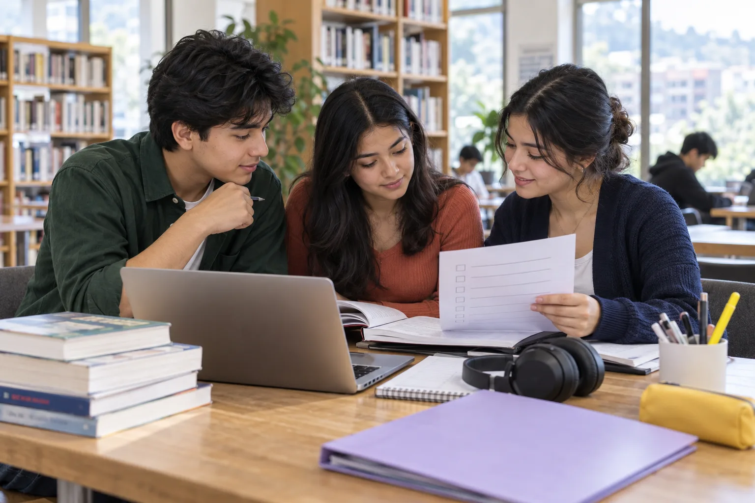 Nepali teenage SAT students comparing books, online practice and a course checklist