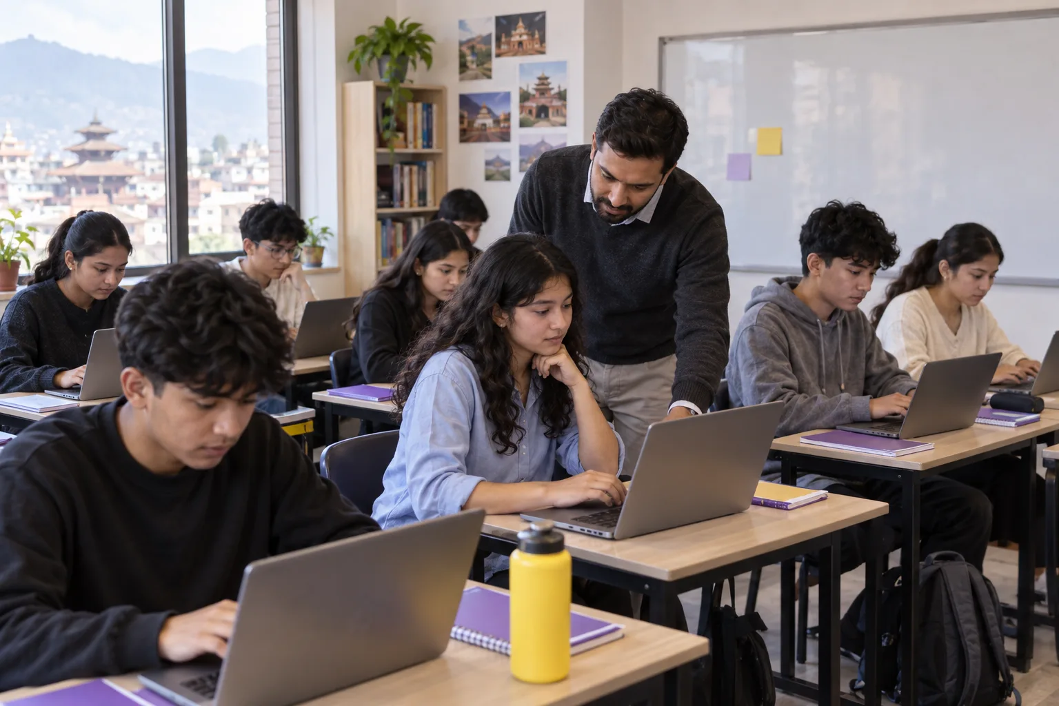 Nepali teenage girls and boys practising on laptops in a Kathmandu SAT classroom with a teacher