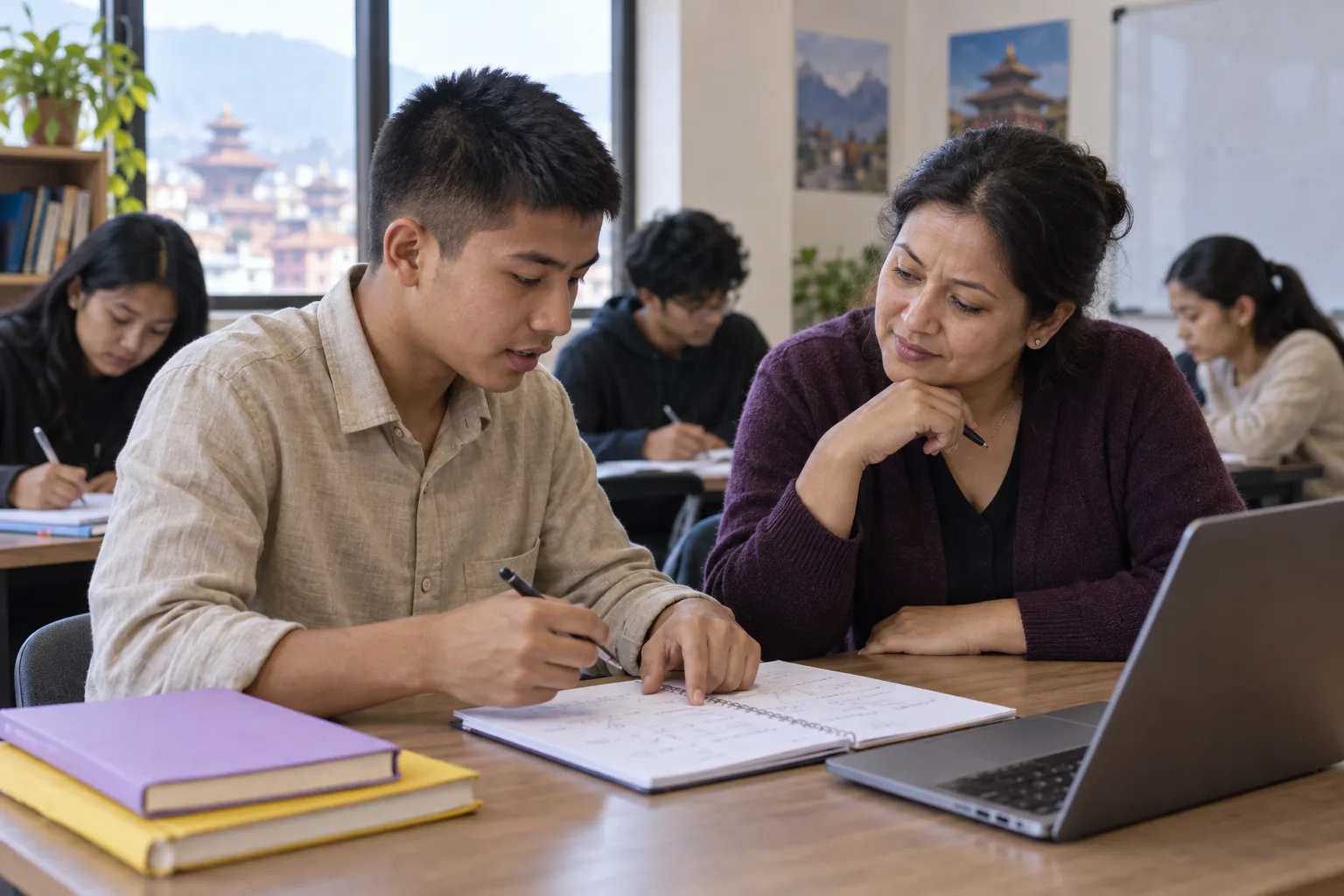 Nepali teenage SAT student reviewing mock-test math mistakes with a woman teacher