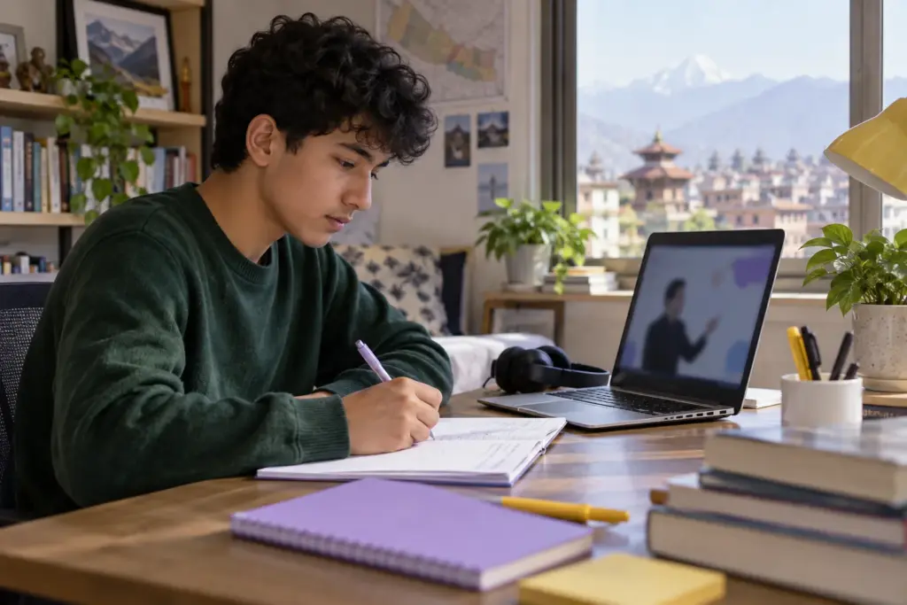 Nepali teenage SAT student attending an online lesson and taking notes at home in Kathmandu
