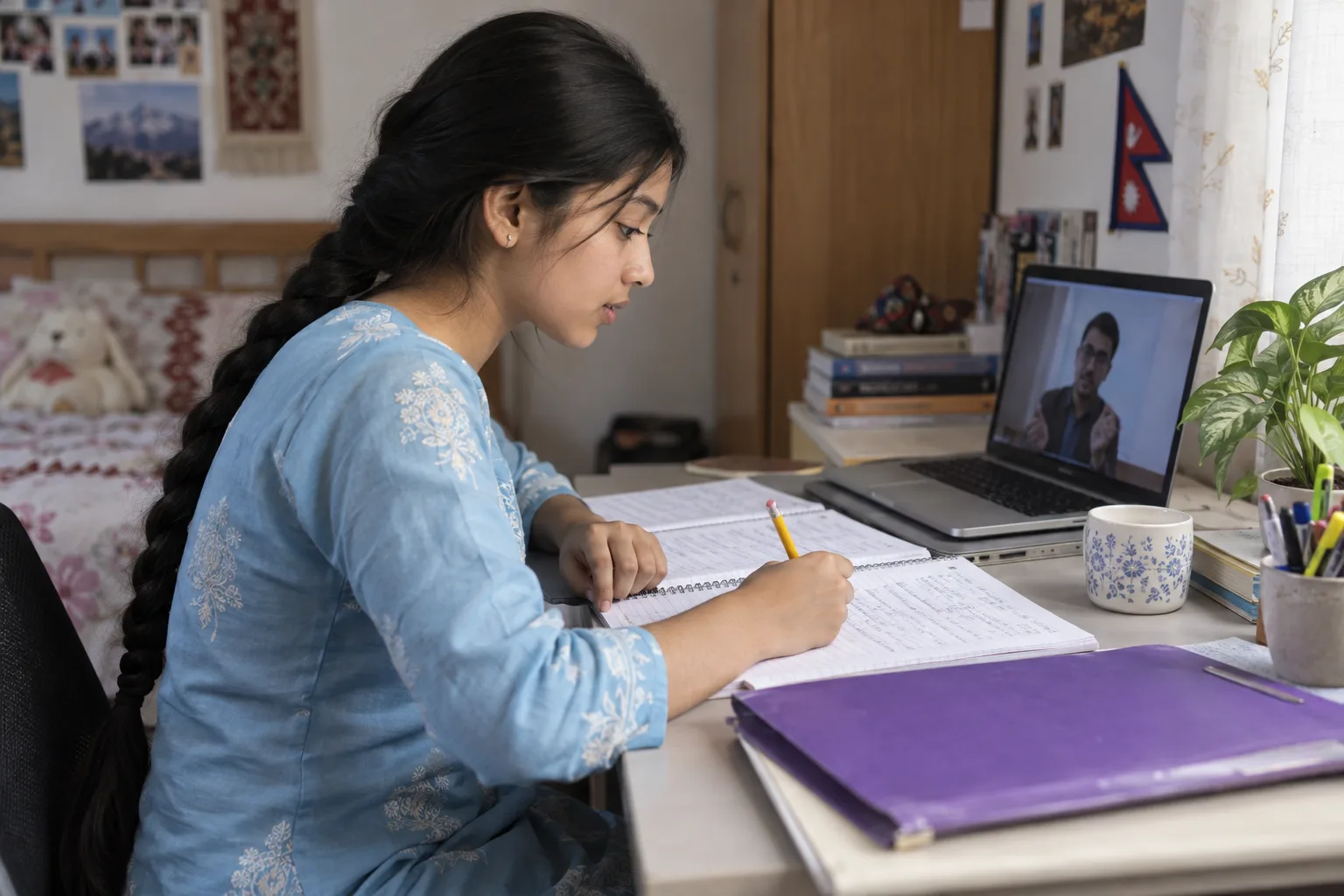 Nepali teenage SAT student reviewing practice mistakes with an online tutor at home