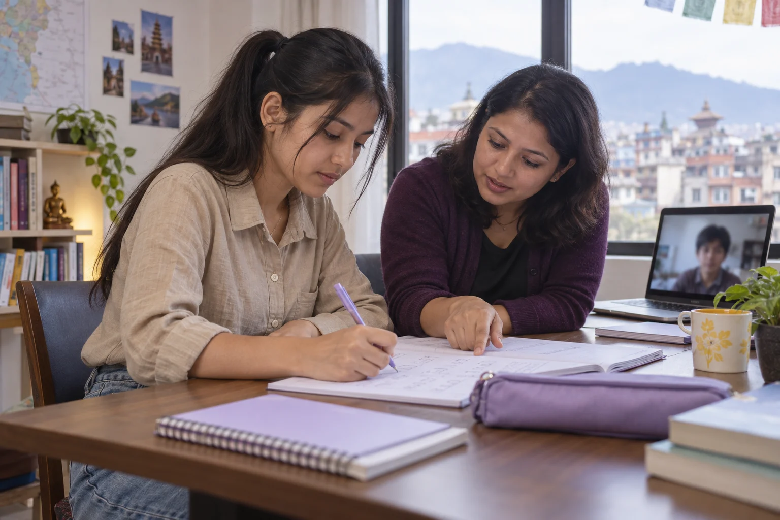 Nepali teenage SAT student and tutor combining in-person and online learning in Kathmandu