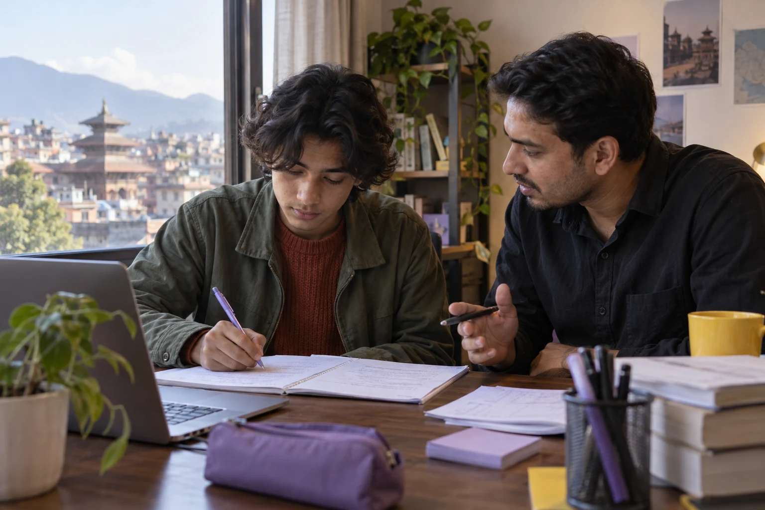 Nepali teenage SAT student correcting practice work with a tutor after a hybrid class