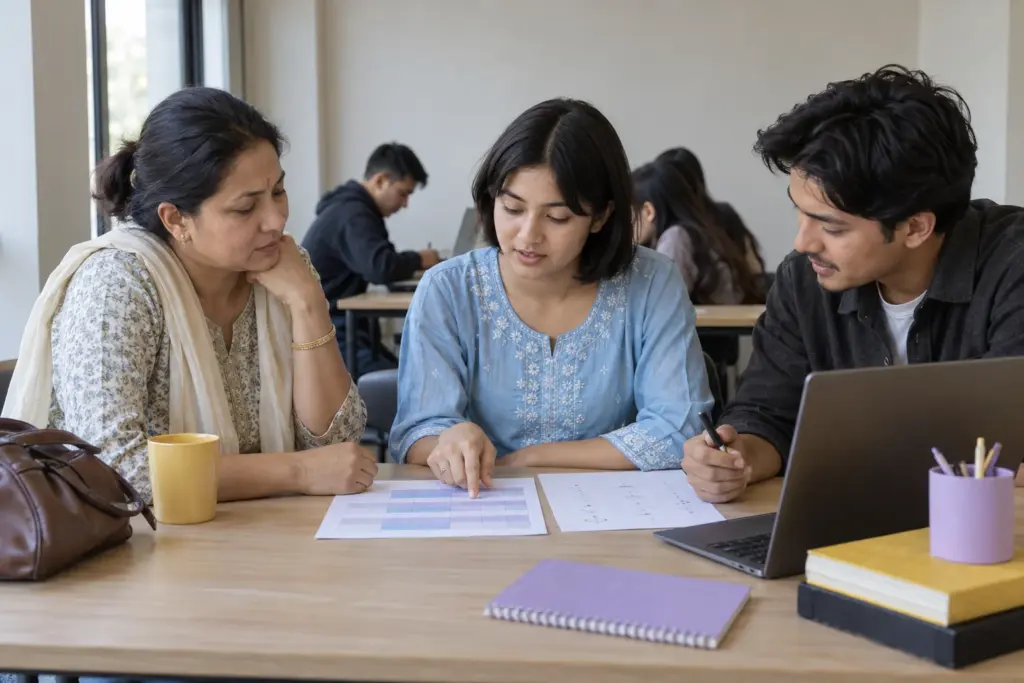 Nepali teenage girl comparing SAT class options with her mother and a counsellor in Putalisadak