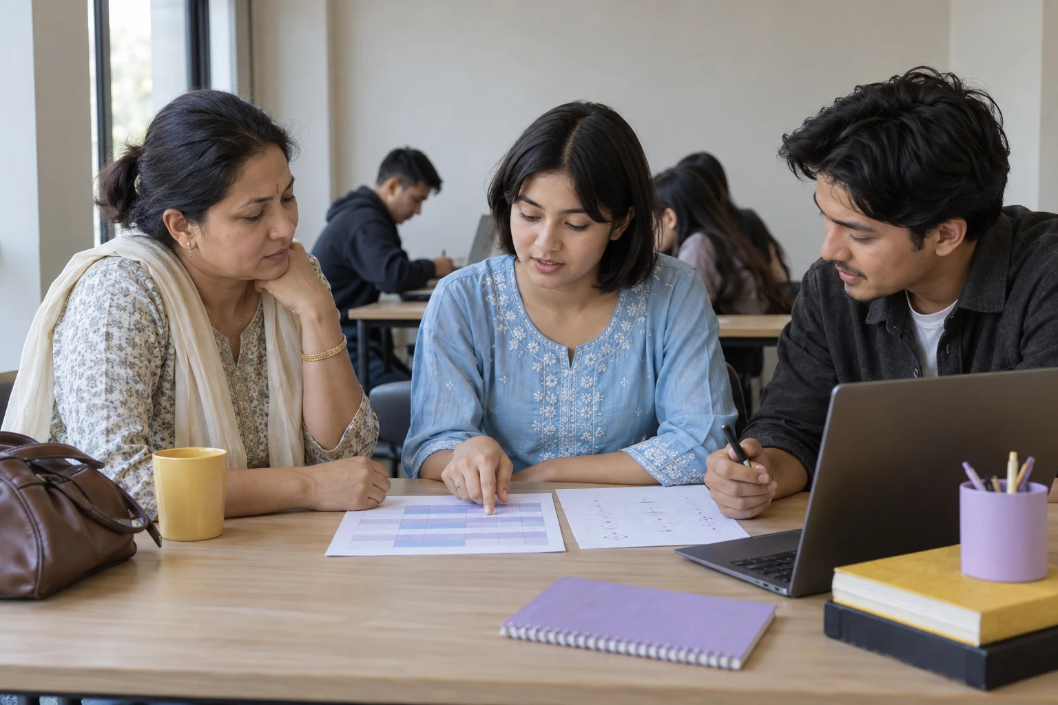 Nepali teenage girl comparing SAT class options with her mother and a counsellor in Putalisadak