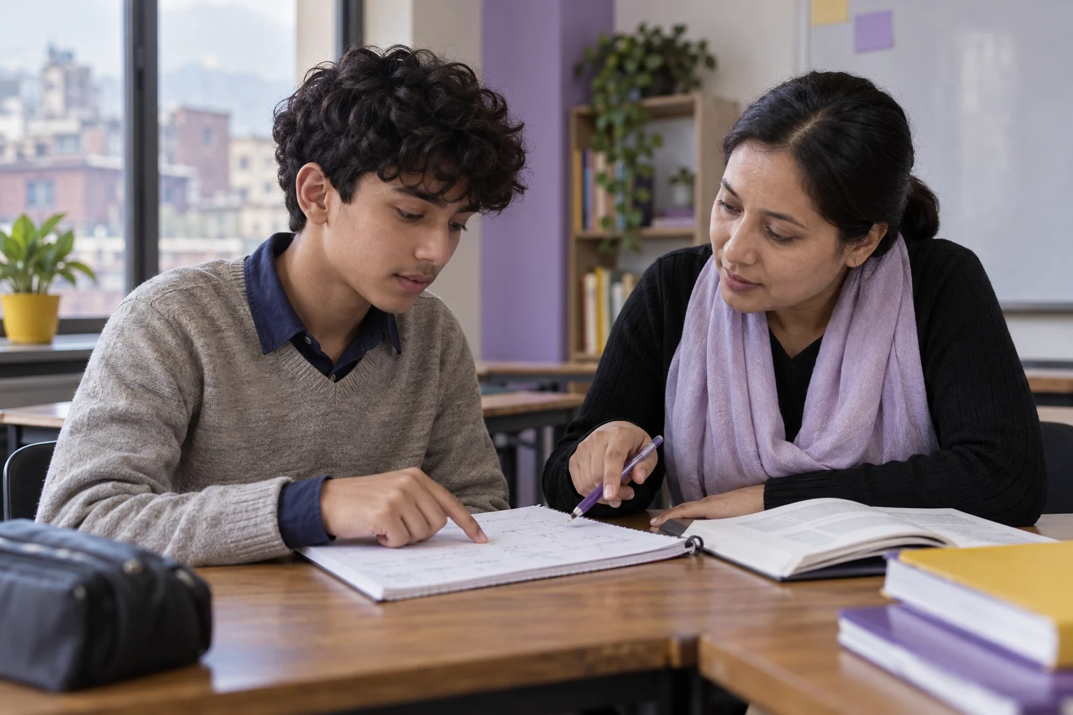 Nepali teenage boy working through SAT practice with a teacher in a Putalisadak classroom