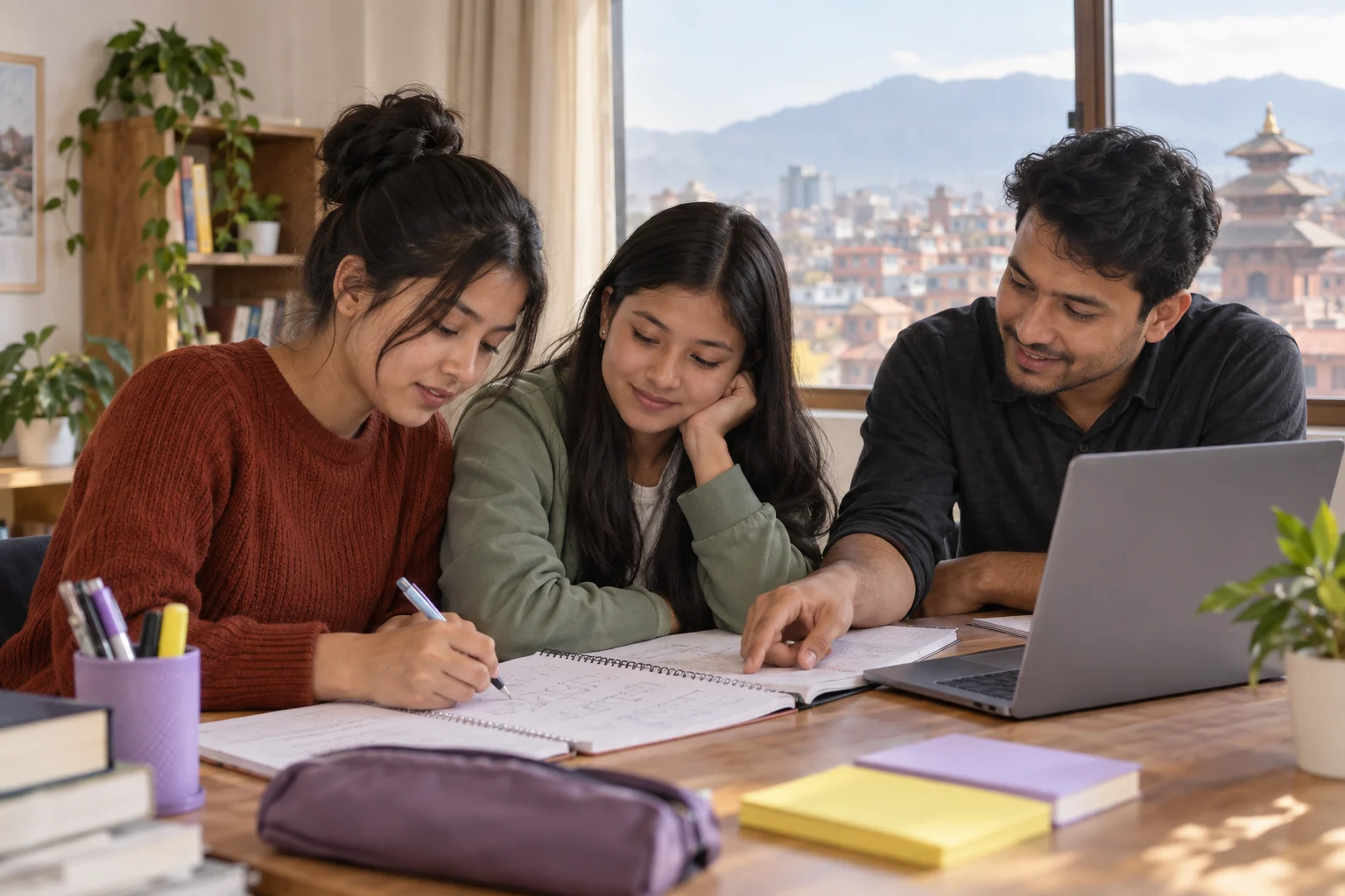 Nepali teenage girls practising SAT math with a tutor in Kathmandu