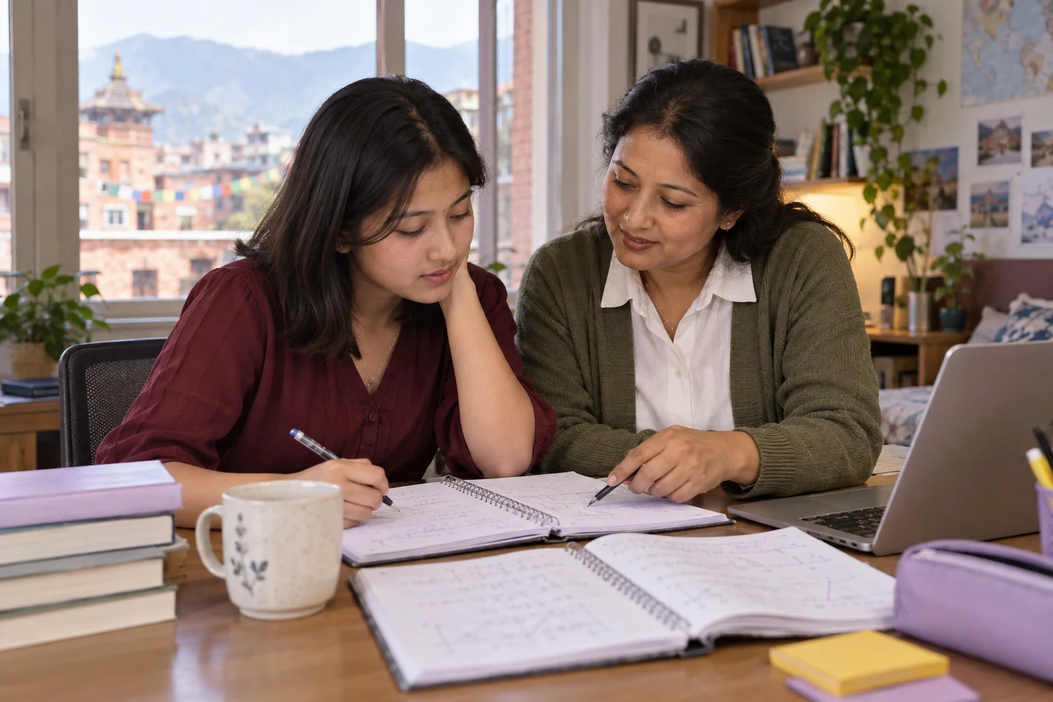 Nepali teenage SAT student reviewing a math solution and error log with her tutor