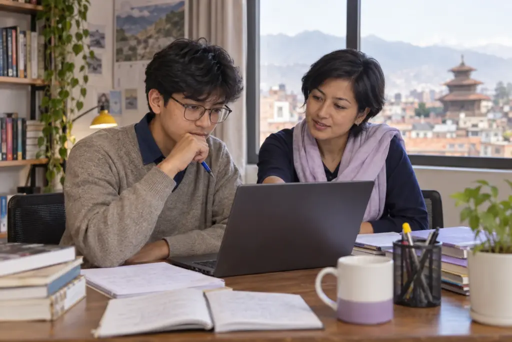 Nepali teenage boy reading a digital SAT English question with a tutor in Kathmandu
