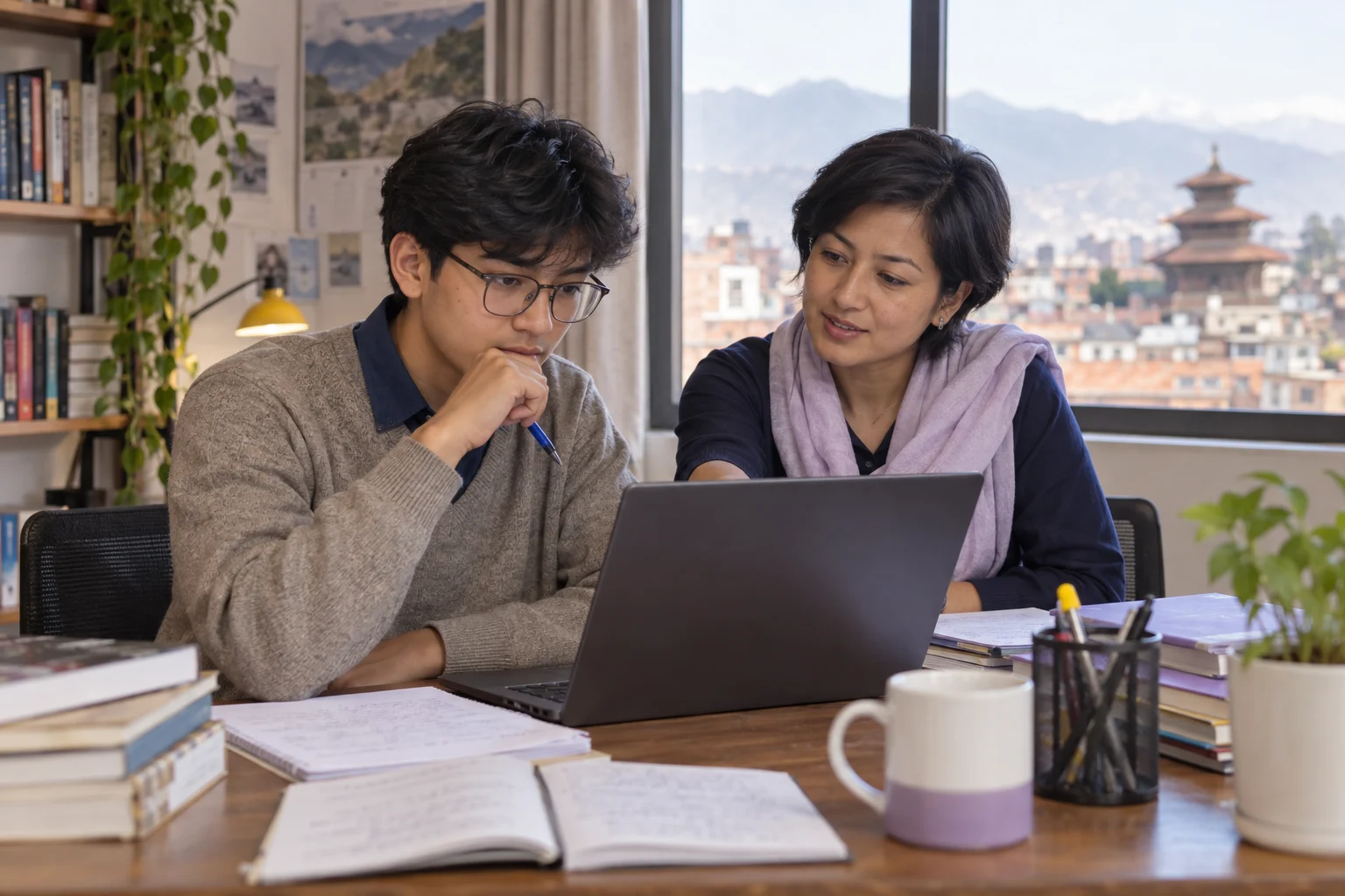 Nepali teenage boy reading a digital SAT English question with a tutor in Kathmandu