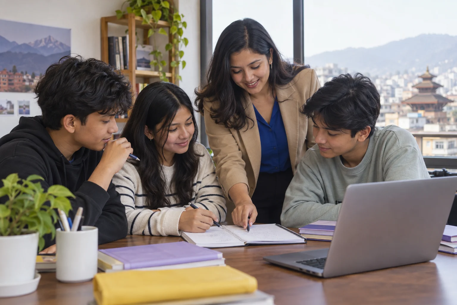 Nepali teenage SAT students discussing English reasoning with a teacher