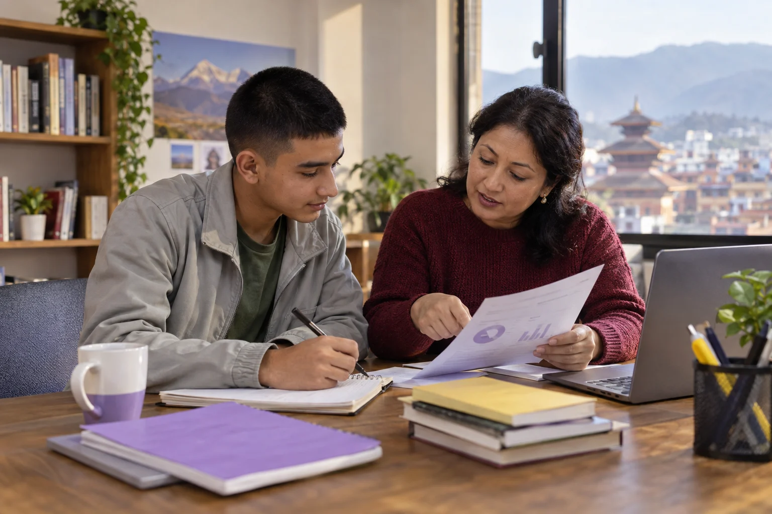 Nepali teenage boy reviewing an SAT practice report with a woman mentor