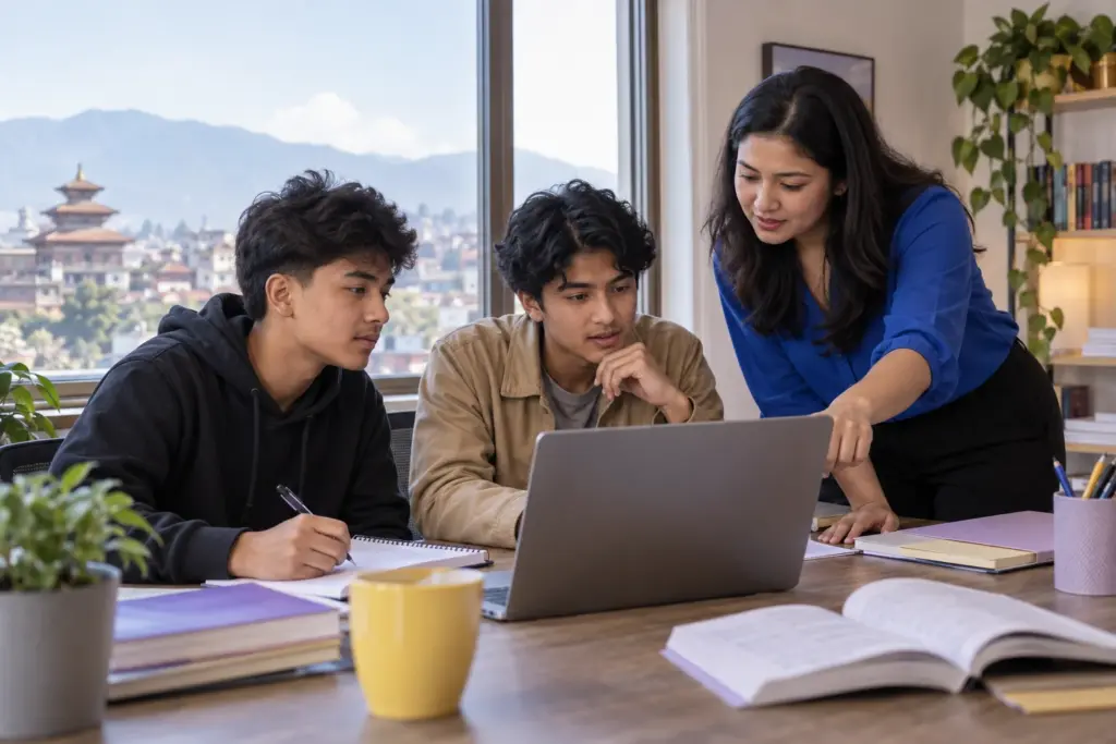 Two Nepali teenage boys taking a digital SAT diagnostic with their teacher