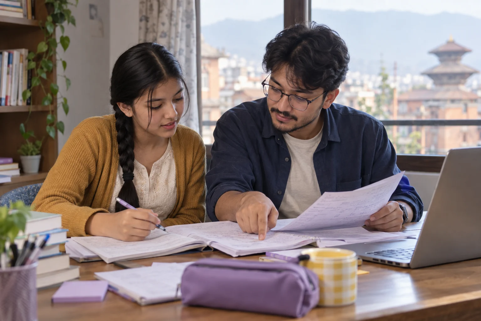Nepali teenage girl comparing SAT corrections with a tutor after practice