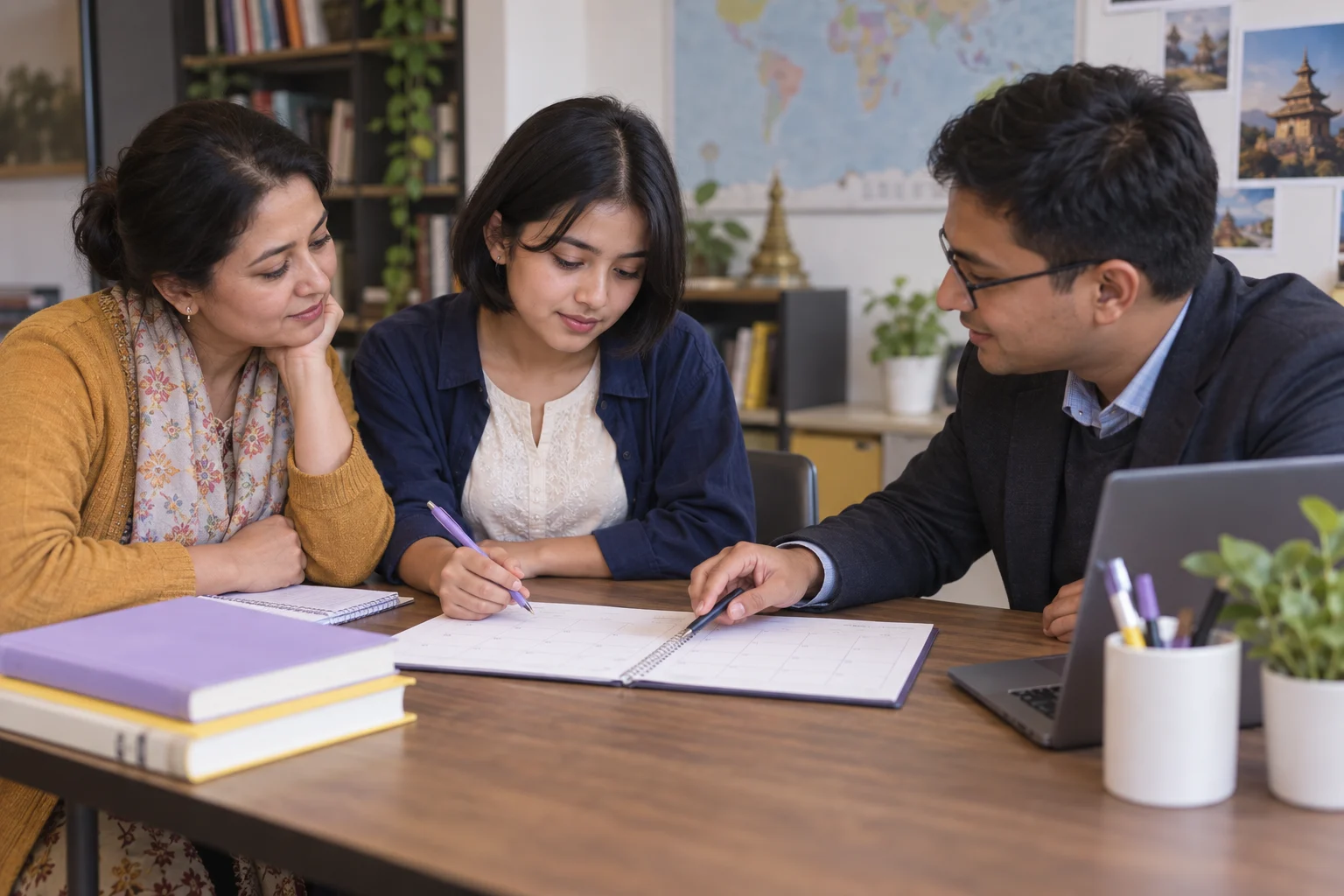 Nepali teenage girl planning SAT exam dates with her mother and a counsellor