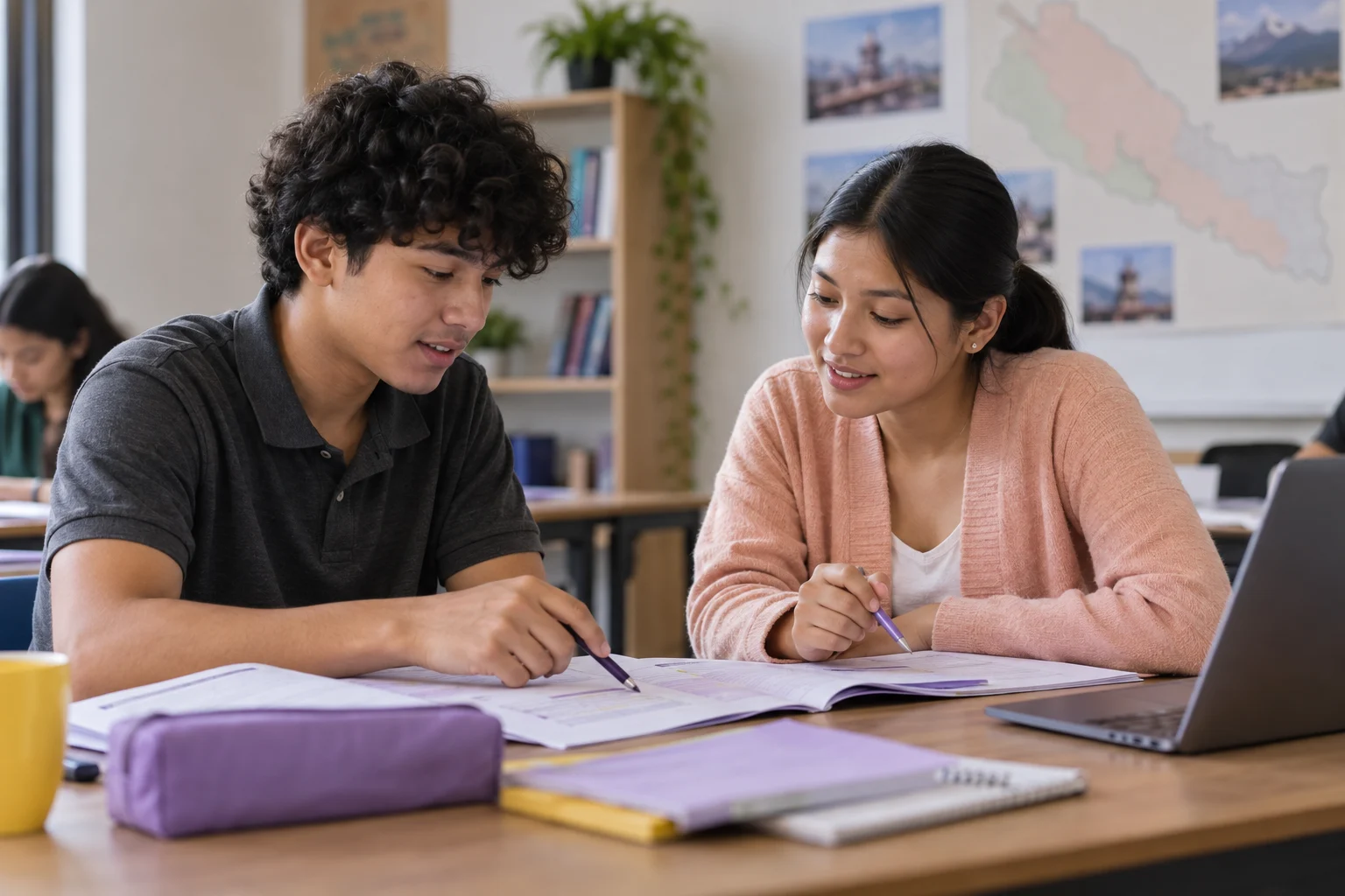 Nepali teenage SAT students discussing a marked practice set before choosing a test date