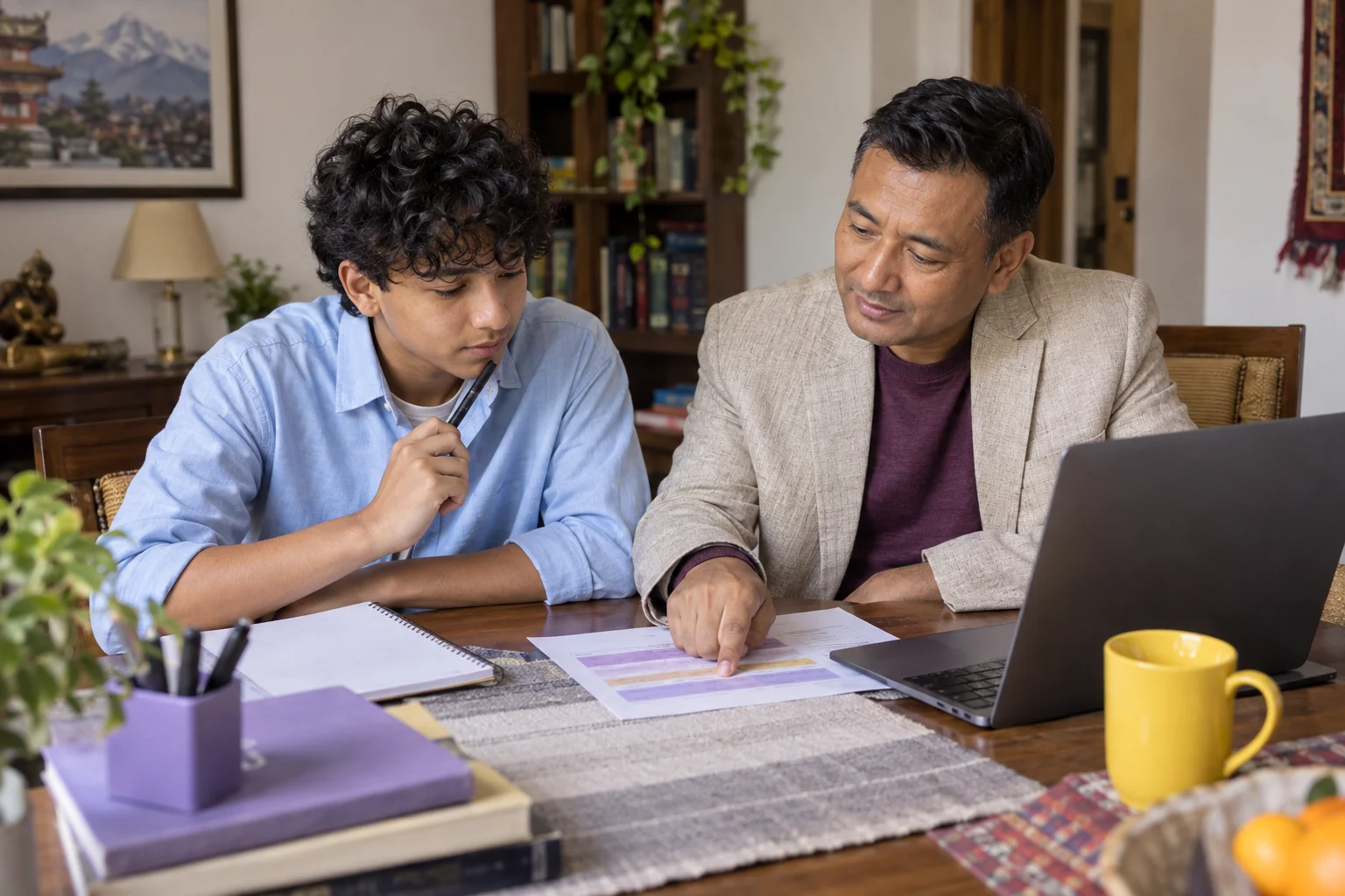 Nepali teenage boy and his father reviewing international SAT registration costs