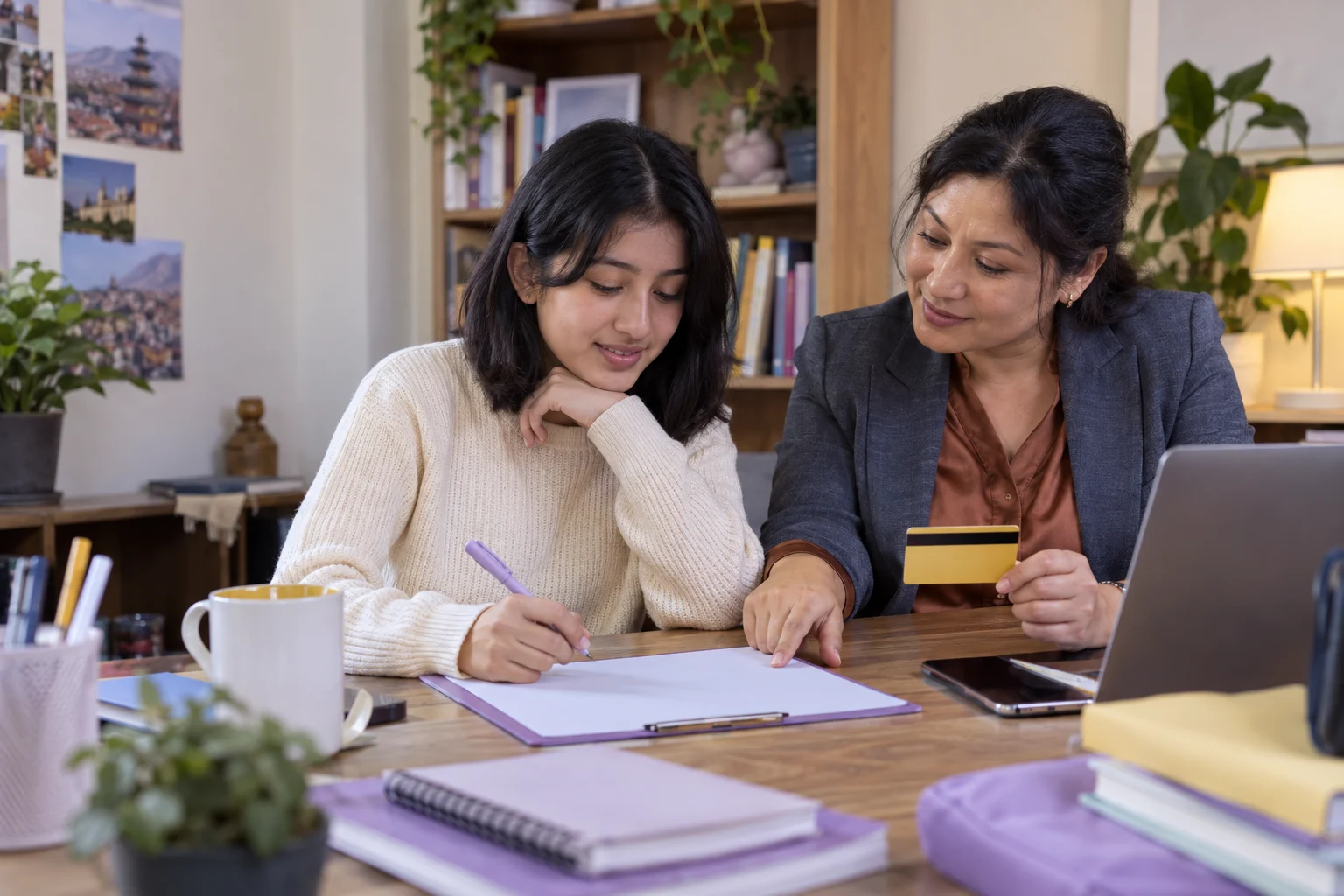 Nepali teenage girl reviewing an SAT exam fee budget with a mentor