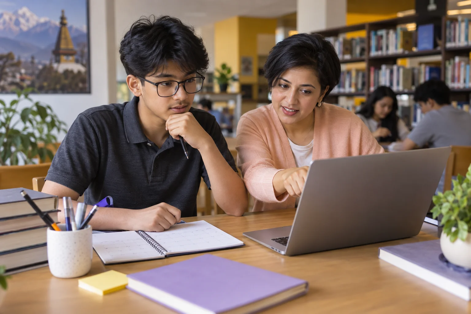 Nepali teenage boy planning SAT registration with a tutor and a calendar