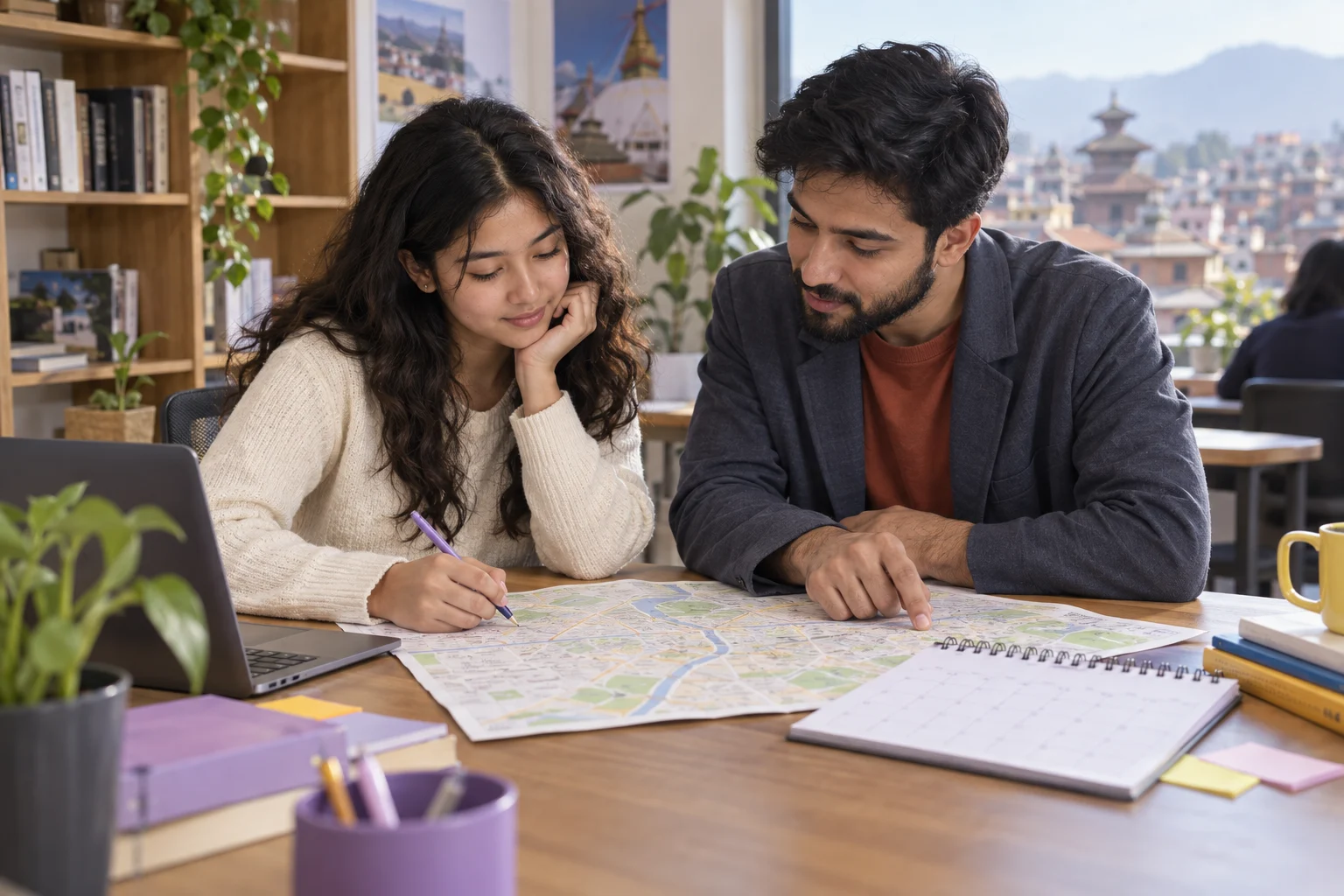 Nepali teenage girl planning travel to an SAT test centre with a tutor