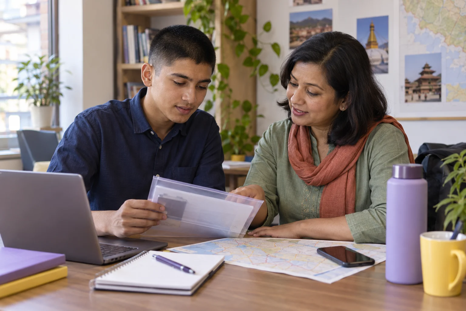 Nepali teenage boy reviewing SAT test-day documents with a mentor