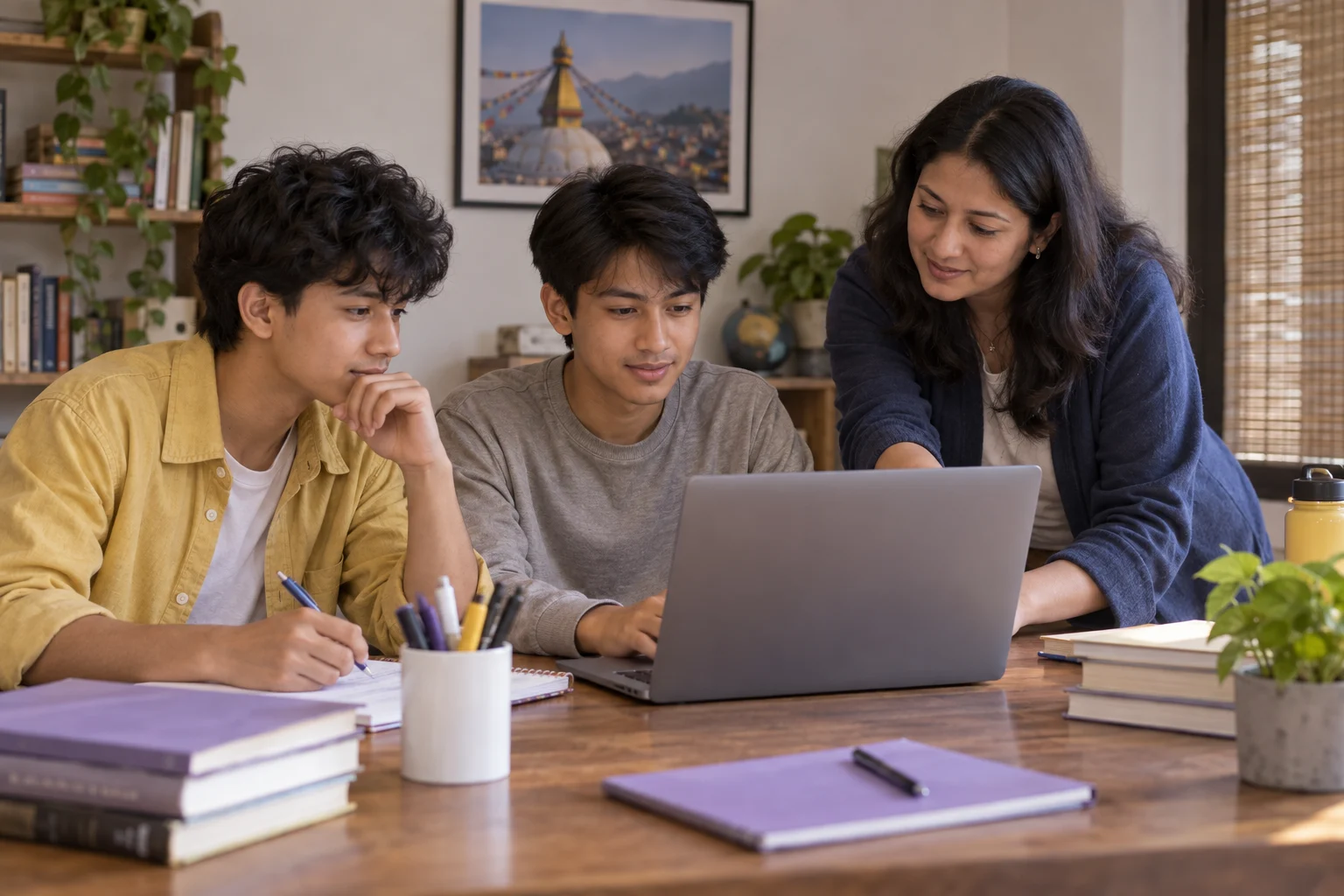 Two Nepali teenage boys preparing a laptop for digital SAT practice with a teacher