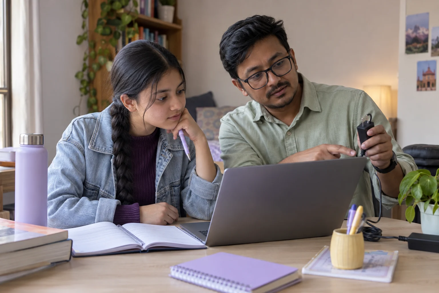 Nepali teenage girl checking laptop and charger readiness with a tutor