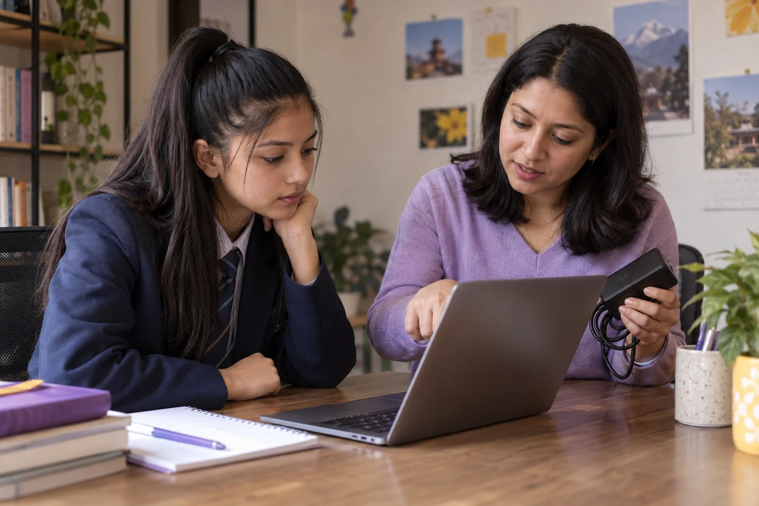 Nepali teenage girl checking SAT laptop and charger requirements with a tutor
