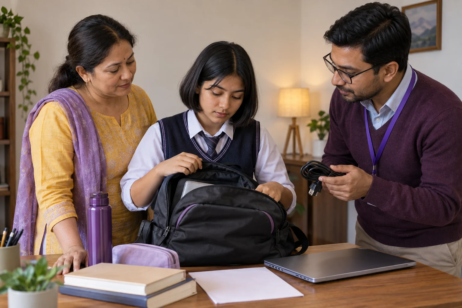 Nepali teenage girl packing a laptop and power cable for SAT test day with her mother and counsellor