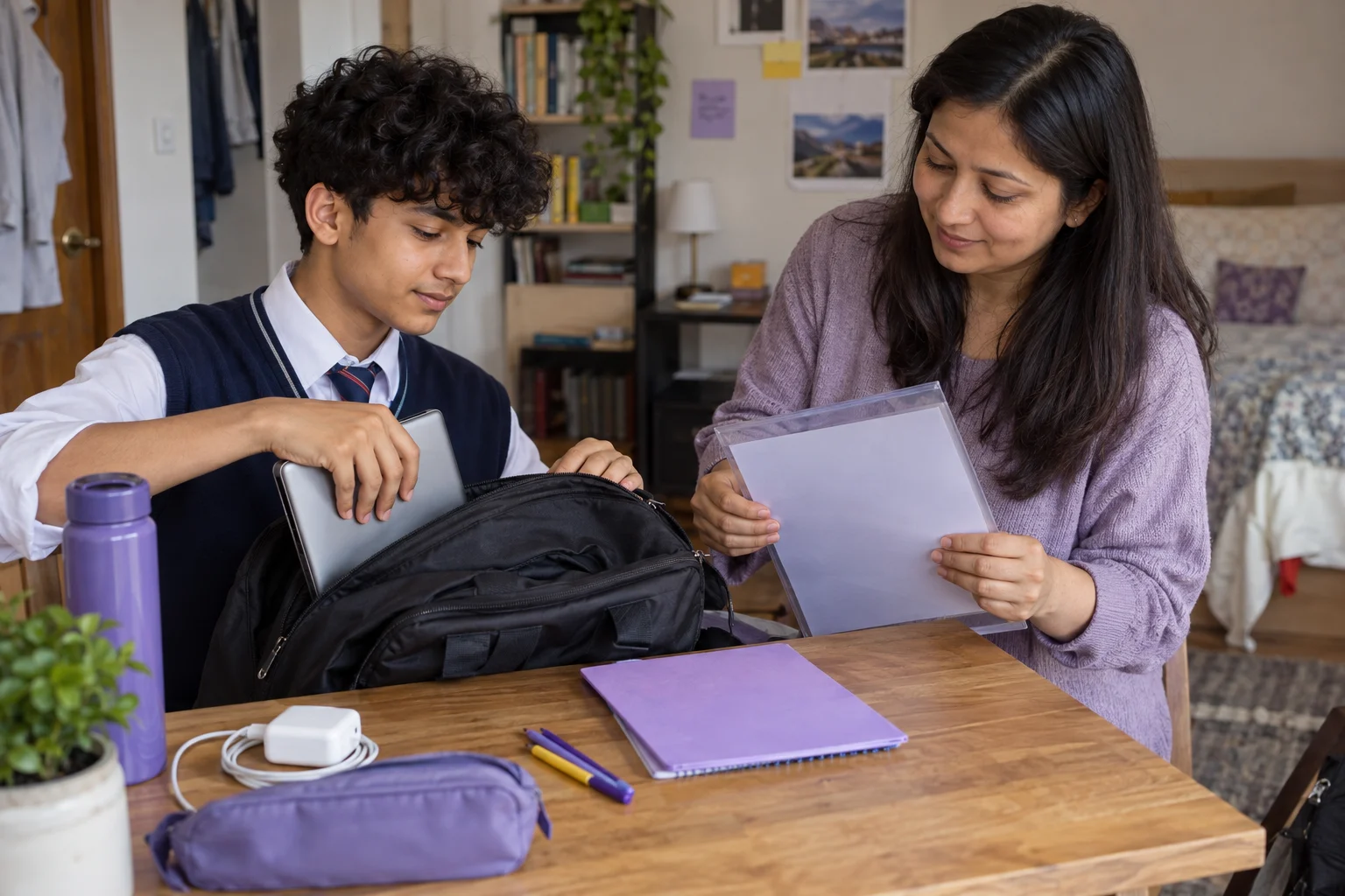 Nepali teenage boy packing a device and documents for SAT test day with a mentor