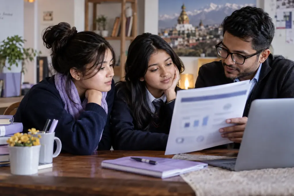 Two Nepali teenage girls reviewing SAT score evidence with a counsellor