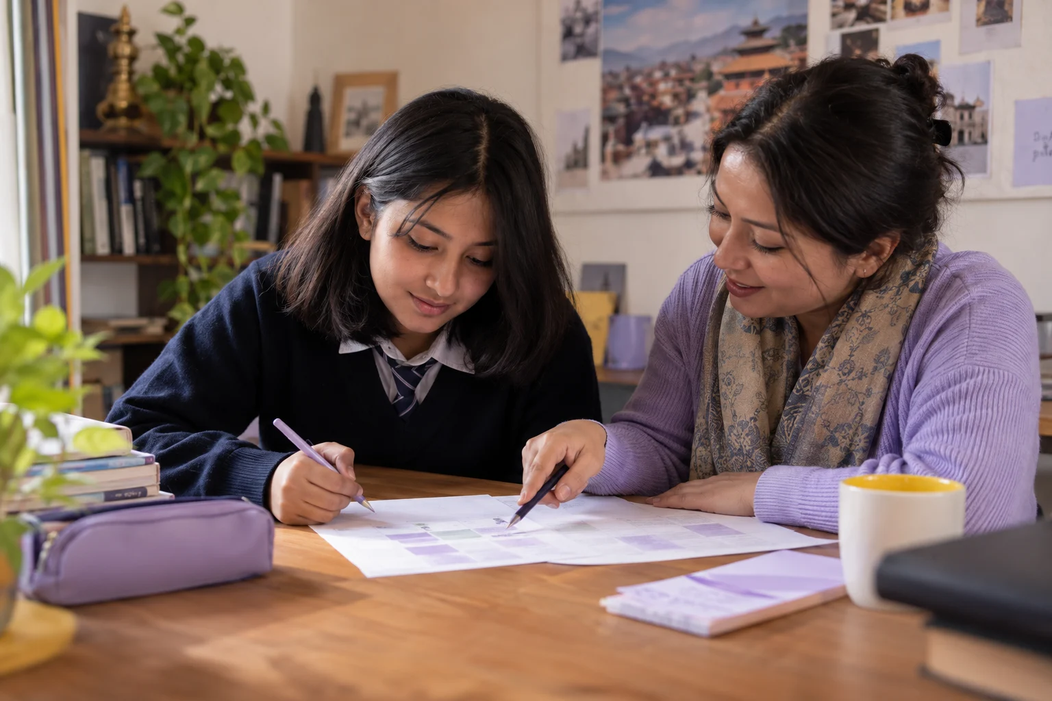 Nepali teenage girl planning SAT practice after reviewing her score report with a tutor