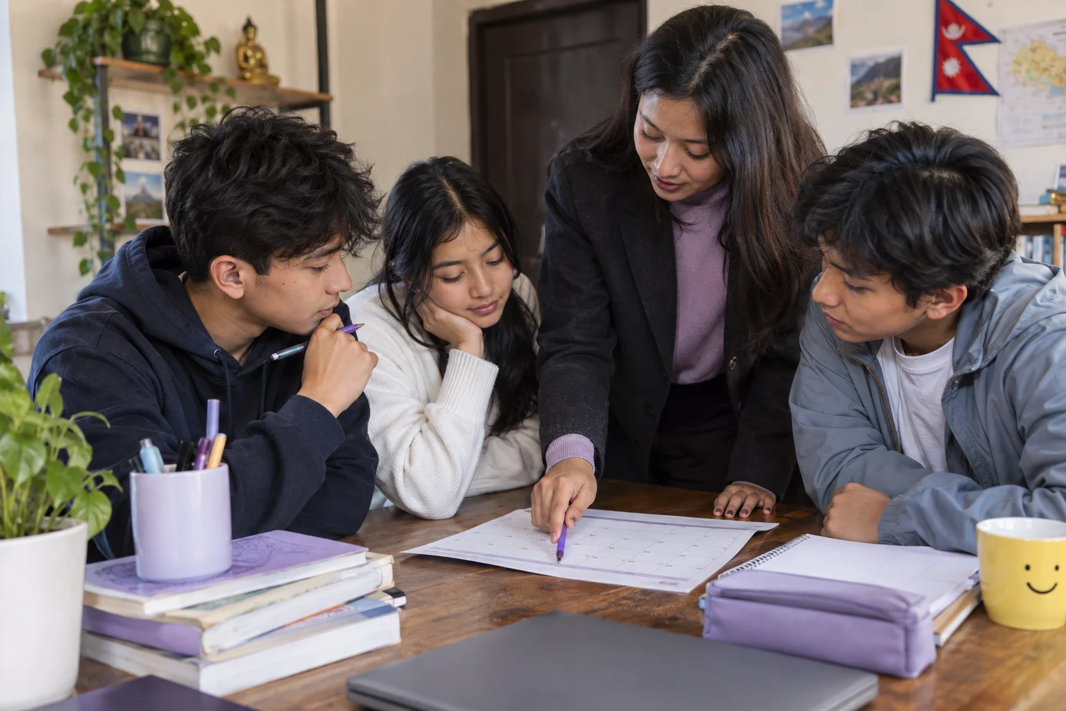 Nepali teenage SAT students discussing a changed test-date plan with a teacher
