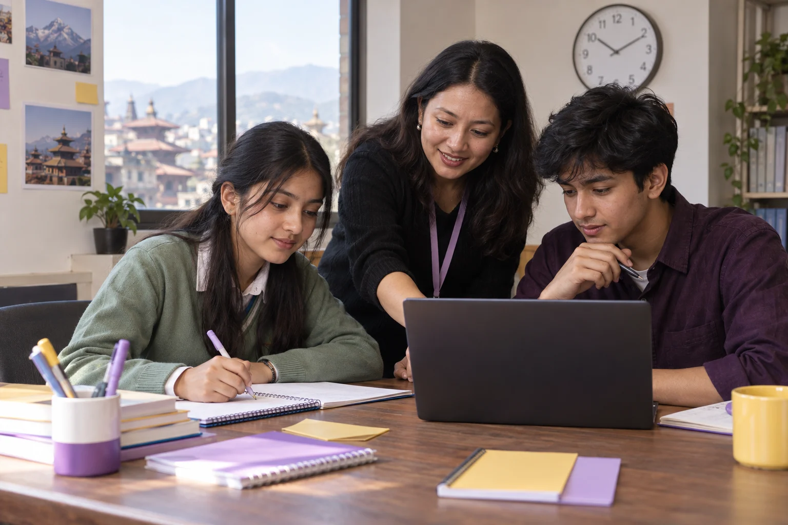 Nepali teenage girl and boy reviewing digital SAT format and timing with a tutor