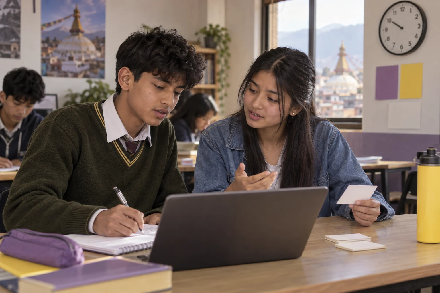 Nepali teenage students planning timed digital SAT practice in a Kathmandu classroom