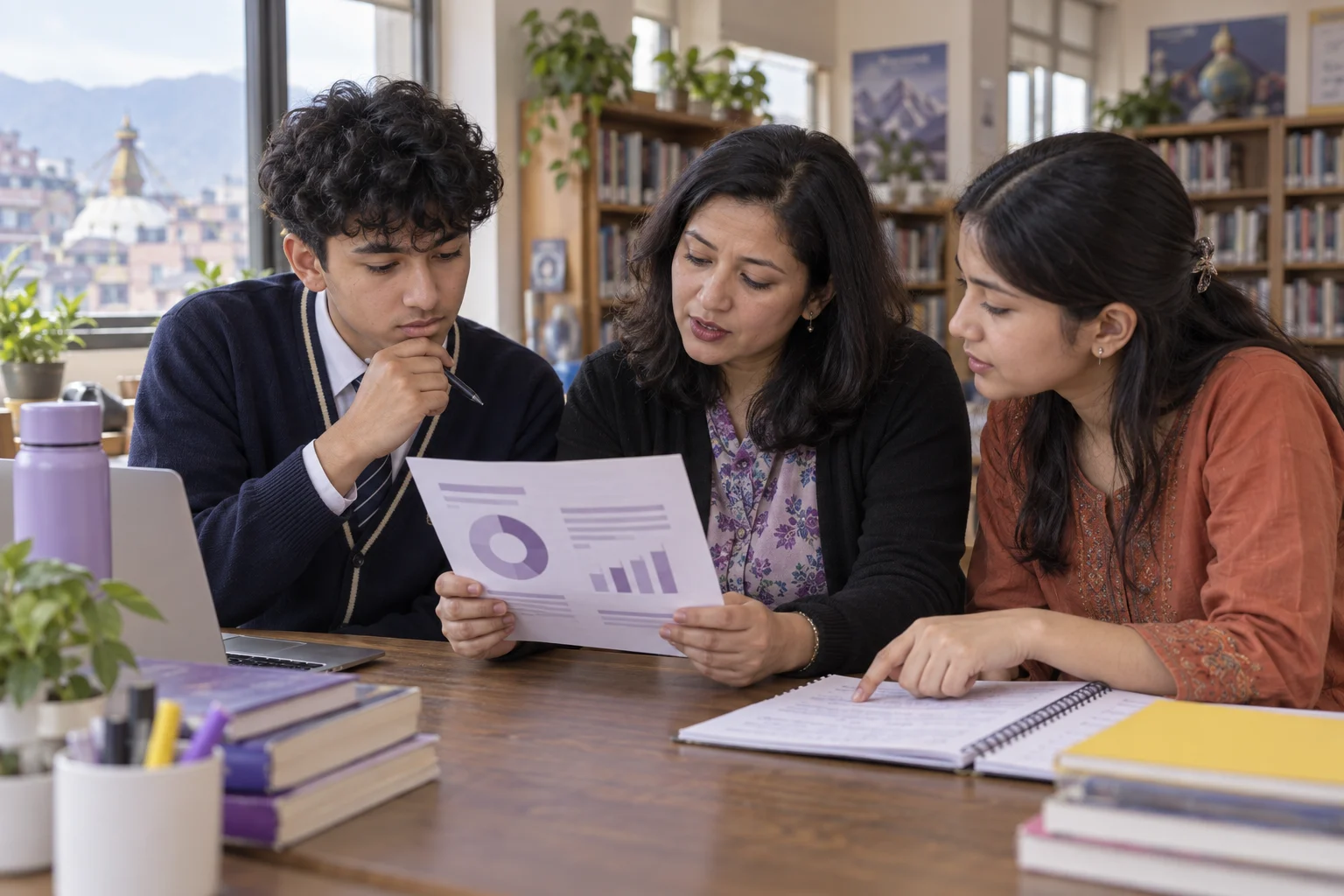 Nepali teenage boy and girl reviewing an SAT practice score chart with a teacher