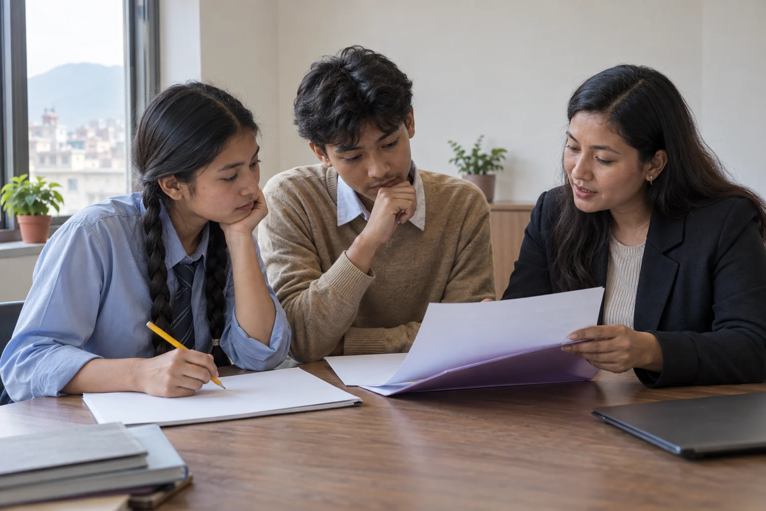 Nepali teenage girl and boy discussing SAT score goals with a counsellor