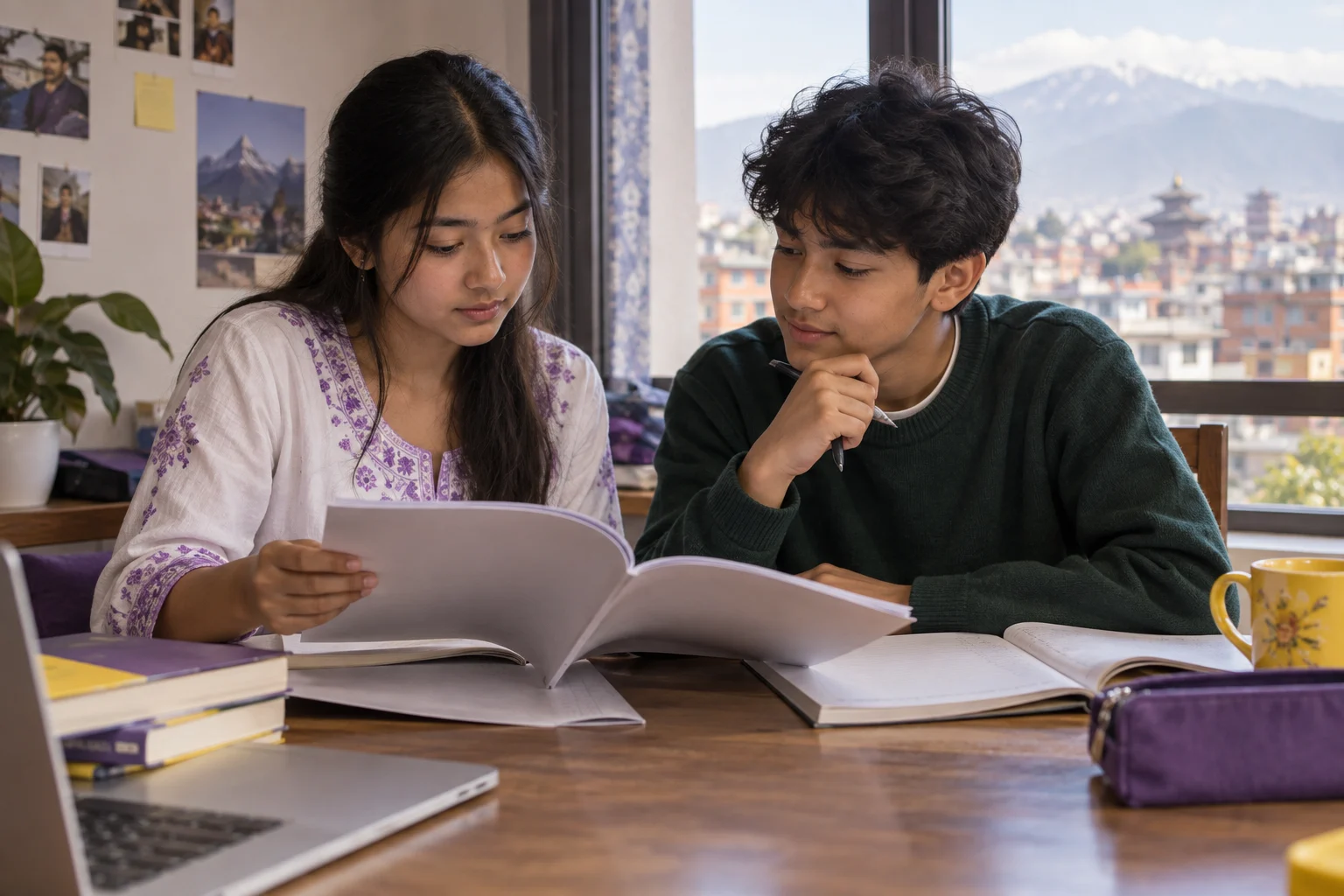 Nepali teenage girl and boy comparing university research for an SAT score goal