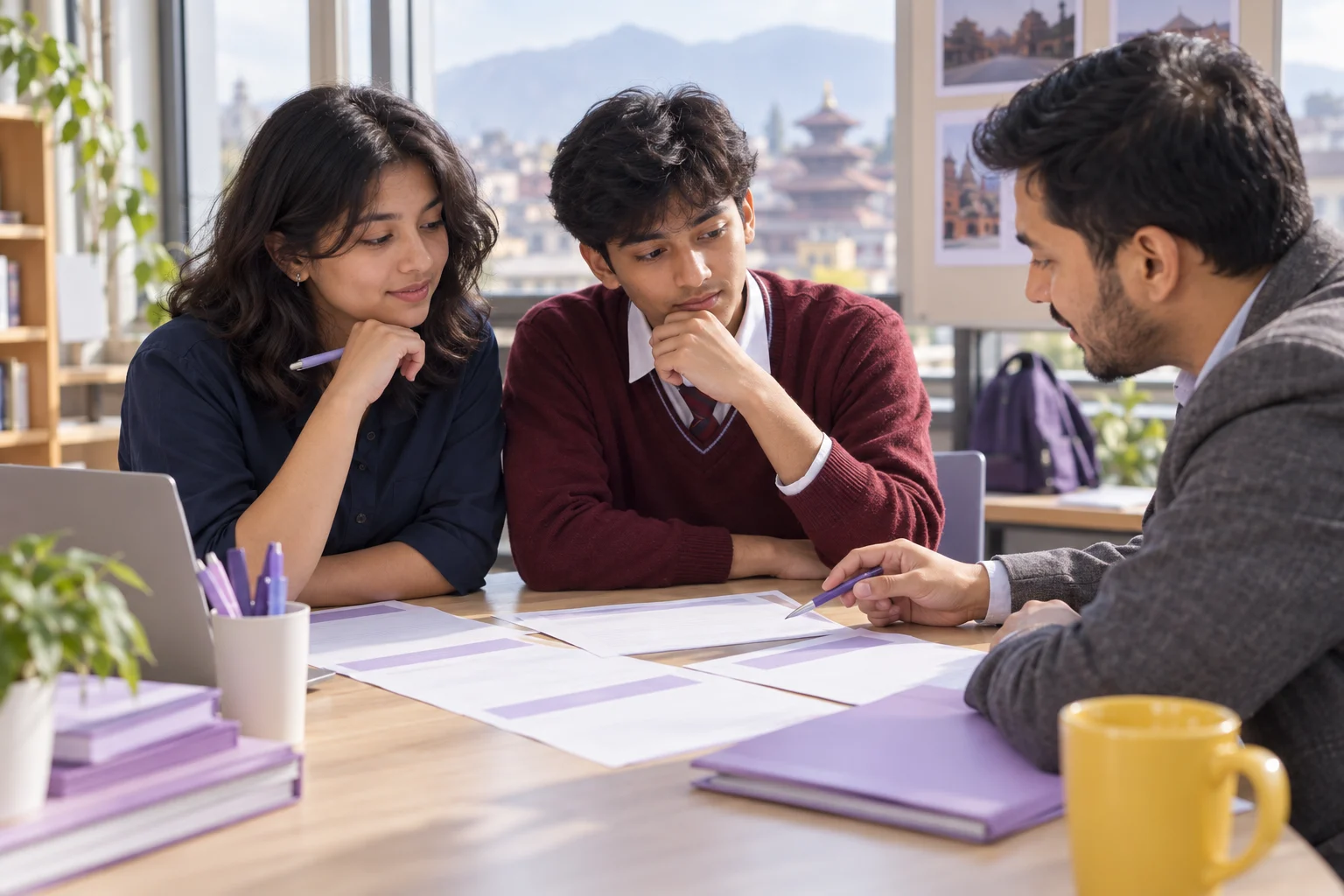 Nepali teenage girl and boy researching SAT score targets with a counsellor