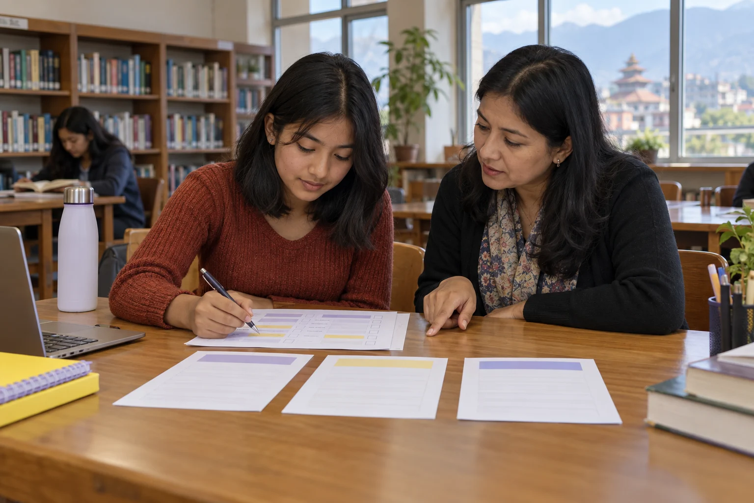 Nepali teenage girl reviewing university SAT score evidence with a tutor