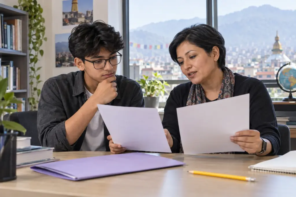 Nepali teenage boy reviewing test-optional SAT submission choices with a counsellor